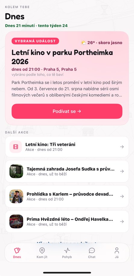 Obrazovka Dnes — vybraná událost a akce kolem tebe